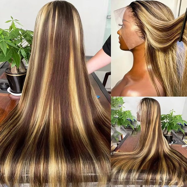 Lace Front Perücke aus Echthaar, 30 Zoll, Ombre 4/27, glatt, Honigblond, Damen - Bild 1