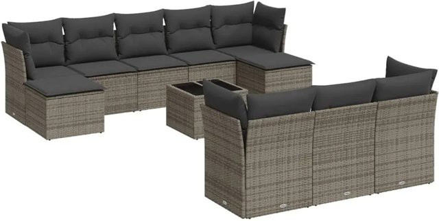 vidaXL 11-tlg Garten-Sofagarnitur in L-Form aus grauem Poly-Rattan mit wetterfesten Kissen und pulverbeschichtetem Stahlgestell - Bild 1