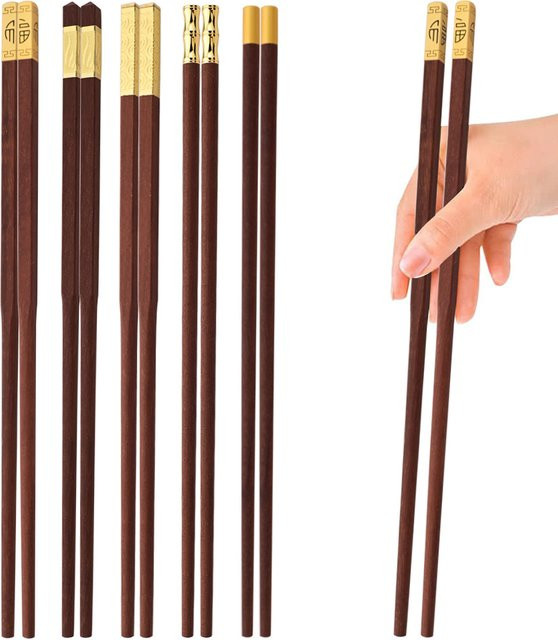 5 Paar Uniturcky Essstäbchen aus Holz in Rot und Braun, wiederverwendbare Sushi-Stäbchen im Set - Bild 1