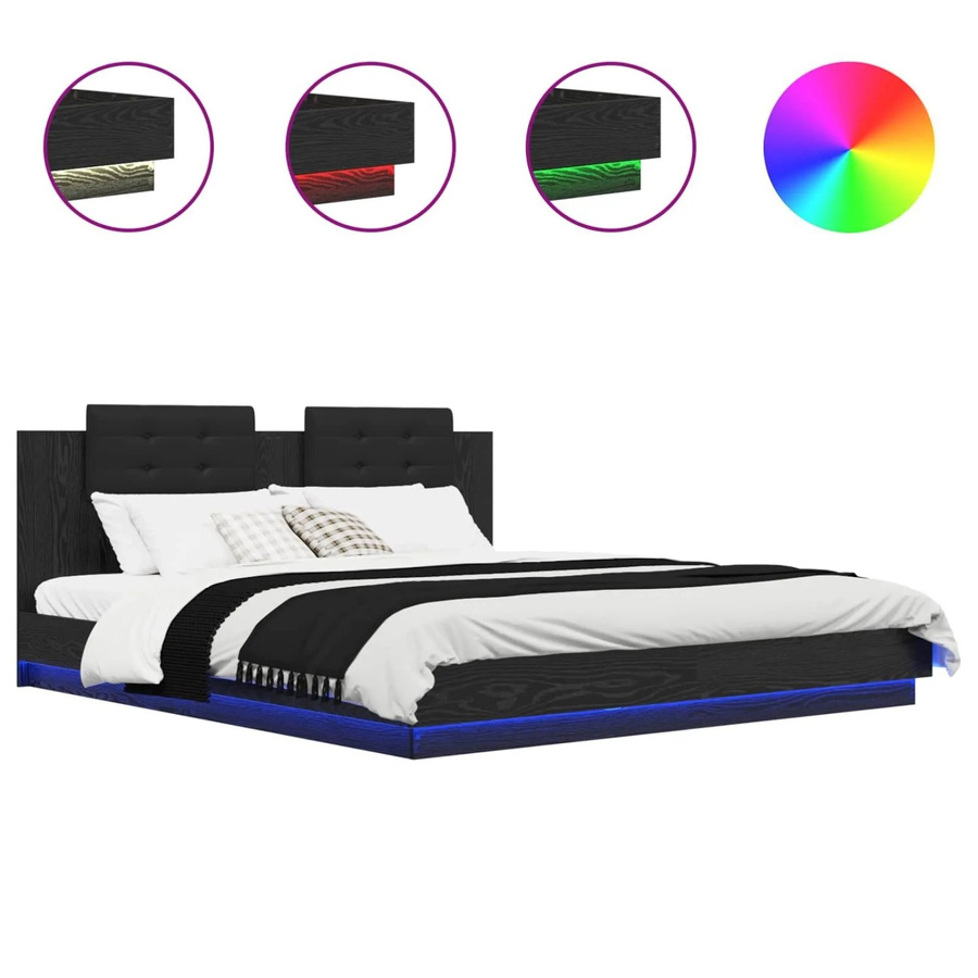 vidaXL Bettgestell mit Kopfteil in Schwarz Eichen-Optik mit USB-Ladeport und Unterbettbeleuchtung, B/T/H: 200 x 200 x 78 cm - Bild 2