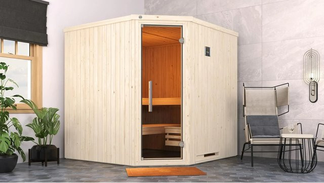 Weka Elementsauna Varberg 3 Bio-Sauna aus Fichtenholz in Braun mit 7,5 kW BioS-Ofenset, B/H/T: 194 x 199 x 194 cm - Bild 1