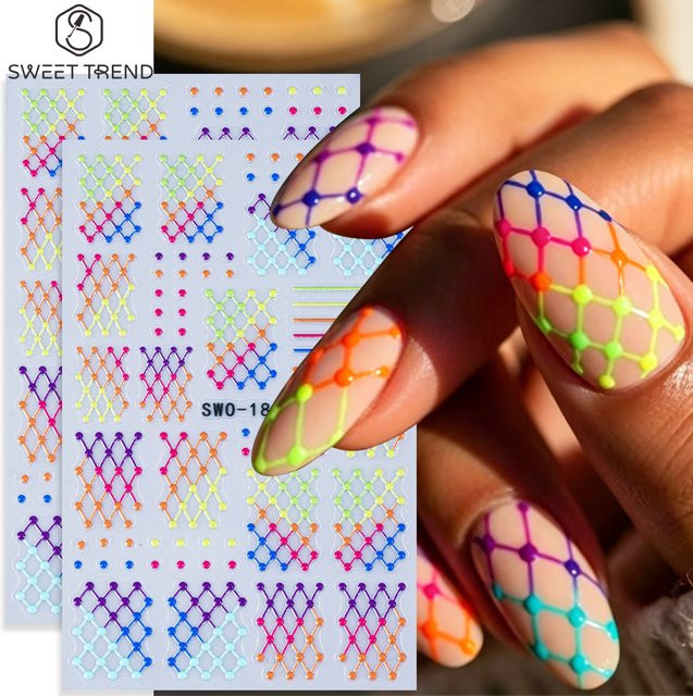 SWEET TREND Nagelaufkleber, 3D-Neon-Karo-Polka-Dot-Muster, Glänzend, 2 Stück - Bild 1