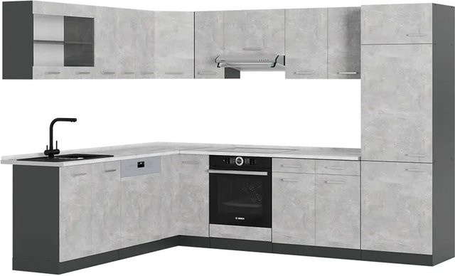 Vicco R-Line Eckküche in Beton-Optik und Anthrazit mit Marmor-Design, B/T/H: 227 x 287 x 207 cm - Bild 1