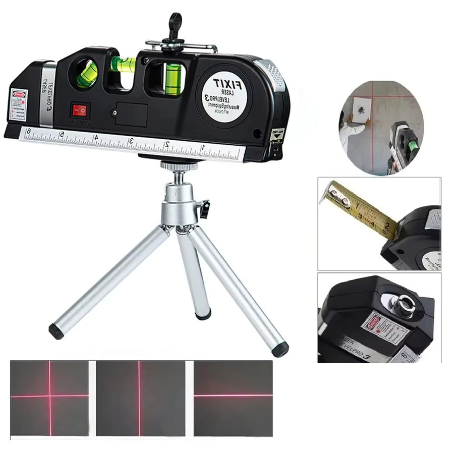 Multifunktionales Laser-Nivellierkit mit Kreuzlinienlaser, 8 Fuß Maßband, Lineal und Metall-Stativ in Schwarz - Bild 2