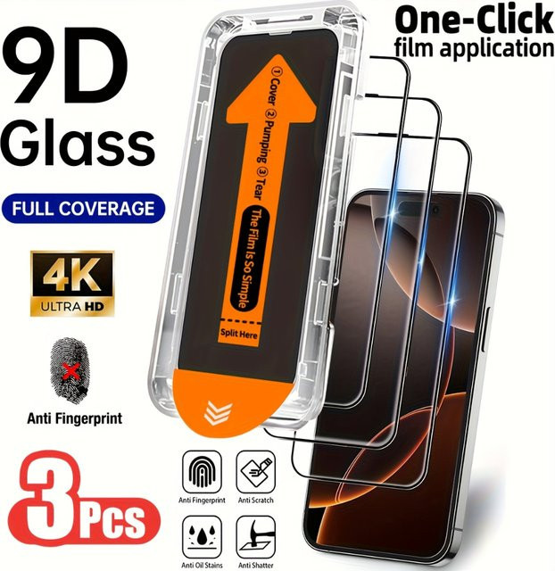 NNBILI 3er-Pack HD-Displayschutzfolie aus gehärtetem Glas in Transparent für iPhone 17 16 15 14 13 12 11 Pro Max inklusive Installationsset und Ausrichtungsrahmen - Bild 1