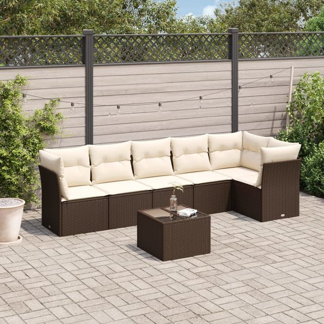 vidaXL 7-tlg. Garten-Sitzgruppe in L-Form aus Polyrattan mit Kissen in Braun - Bild 2