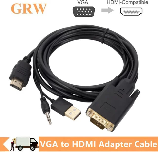 GRWIBEOU VGA zu HDMI Konverter Kabel mit 3,5mm Audio und USB Netzteil, 1080P Full HD, Schwarz, Länge: 1,8 m - Bild 1