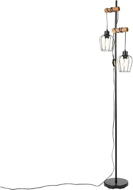 QAZQA Stronk Ländliche Stehlampe in Schwarz mit Holz, 2-flammig, rustikales Design für Wohnzimmer und Schlafzimmer - Bild 1