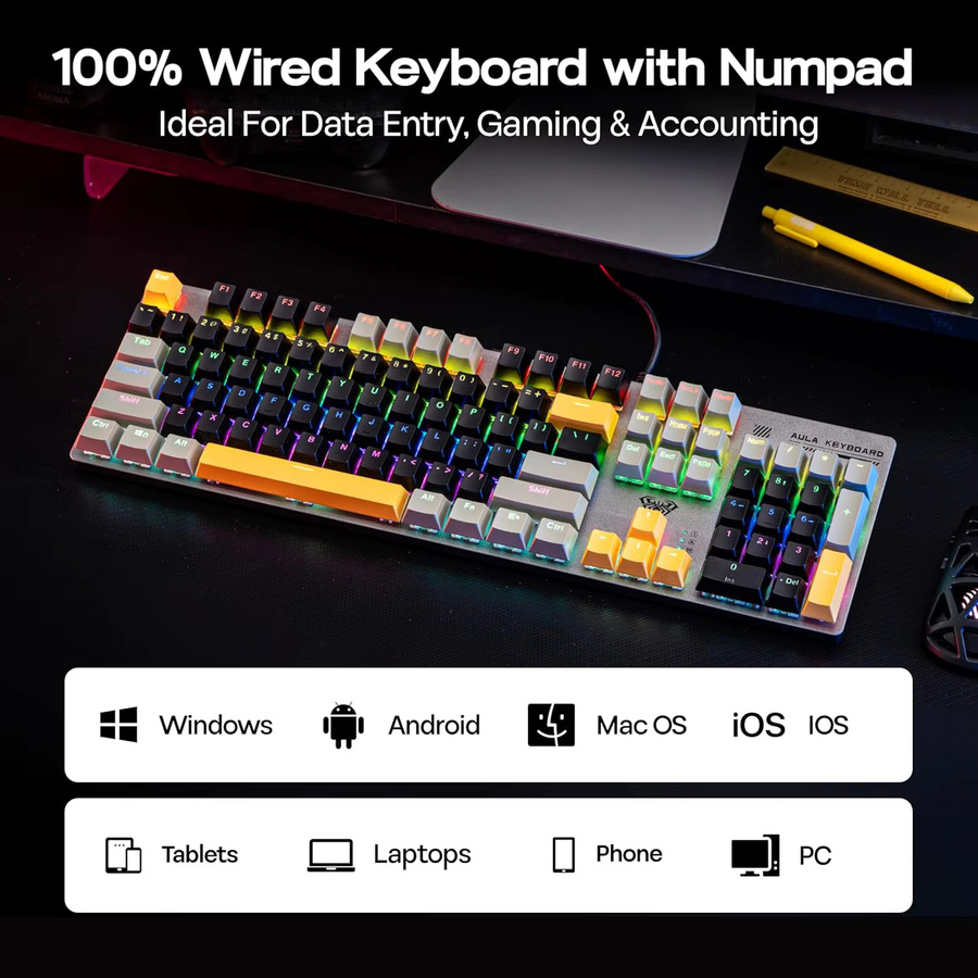 AULA S500 Mechanische Gaming-Tastatur mit 104 Tasten, RGB-Hintergrundbeleuchtung und PBT-Tastenkappen, Schwarz-Gelb-Multicolor, Kabelgebunden für PC - Bild 4