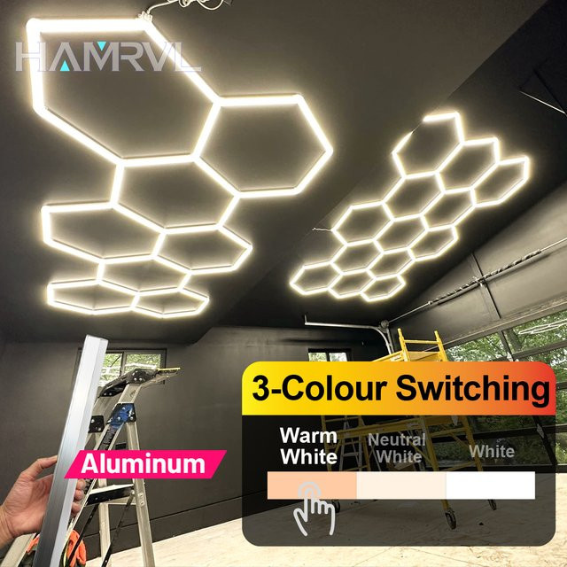 HAMRVL Hexagon LED Deckenleuchte aus Aluminium in Weiß und Silber mit RGB Farbwechsel für Garage, Büro und Werkstatt - Bild 1