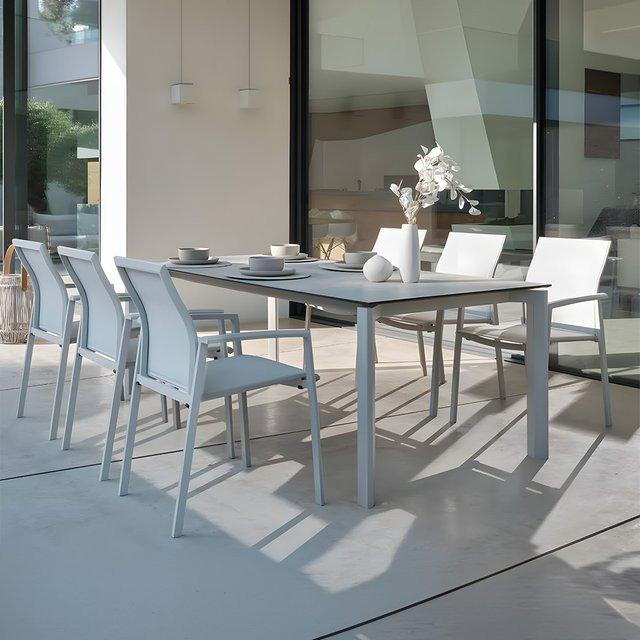 Stern Gartenmöbel-Set 7-teilig aus Aluminium in Greige mit Penta Tisch 220 cm und 6 Kari Stühlen - Bild 1