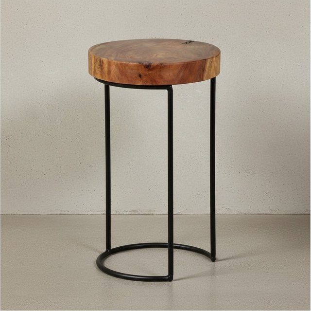 KADIMA DESIGN Beistelltisch INDI aus Massivholz Sheesham in Braun mit Metallgestell im Landhausstil, Durchmesser: 28 cm, Höhe: 45 cm - Bild 1