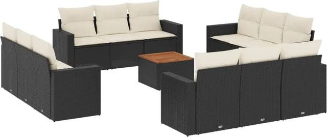 vidaXL 13-tlg Garten-Sofagarnitur aus Poly-Rattan und Akazienholz in Schwarz mit Kissen Modell 32 - Bild 1