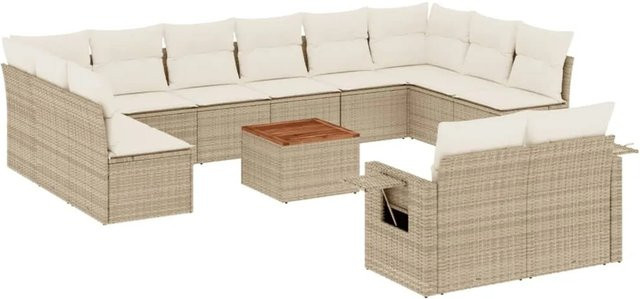 vidaXL 13-teilige Garten-Sofagarnitur in L-Form aus Polyrattan und Akazienholz mit Kissen in Beige und Cremeweiß - Bild 1