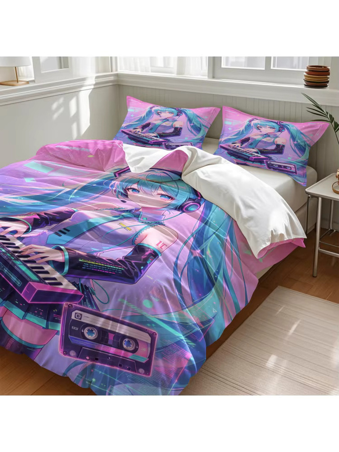 Hatsune Miku Synthwave Keyboard Bettbezug-Set mit Kissenbezügen, Mehrfarbige Anime-Bettwäsche für dein Schlafzimmer - Bild 4