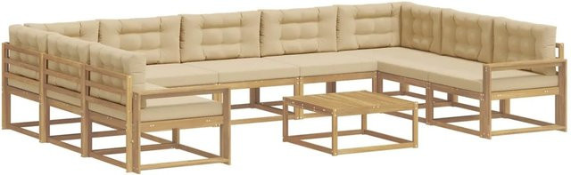 vidaXL Outdoor-Sofagarnitur aus massivem Akazienholz mit 10 Kissen in Weiß, Beige und Braun - Bild 1