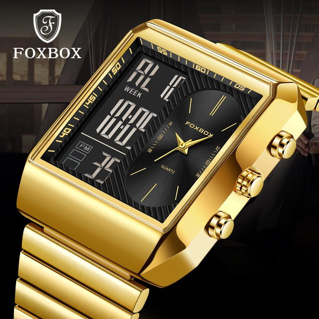 FOXBOX Digitaluhr, Chronograph, Quarz, Gold, Edelstahl, Herren - Bild 1