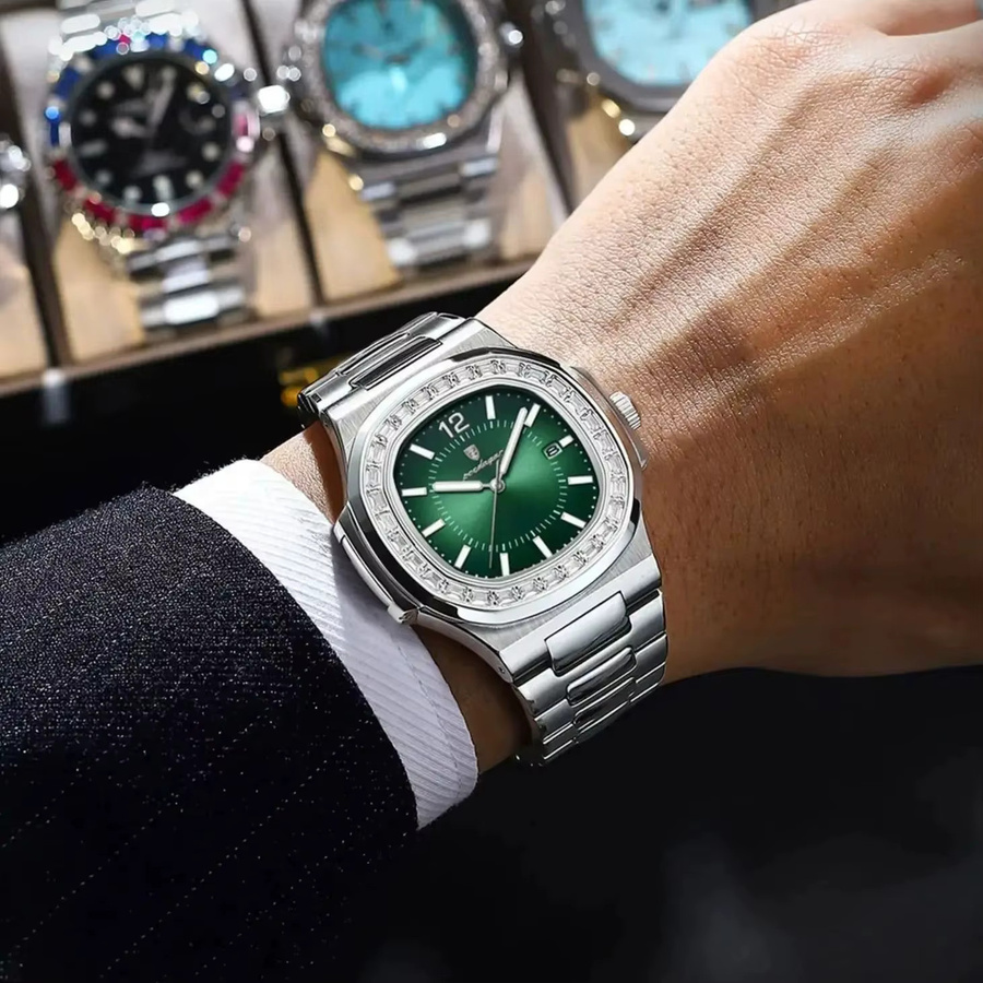 POEDAGAR Armbanduhr, Quarz, Edelstahl, Eckig, Silber Green, Herren - Bild 5