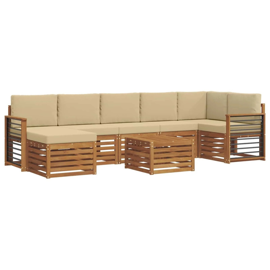 vidaXL Sofagarnitur 8-teilig L-Form aus Massivholz Akazie in Natur und Beige mit abnehmbaren wetterfesten Kissen - Bild 2