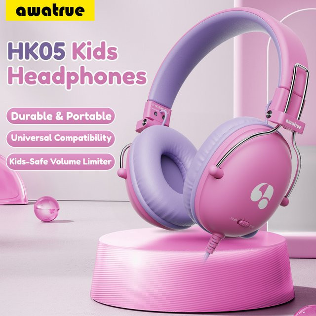 Awatrue Kinderkopfhörer On-Ear Stereo-Headset mit sicherer Lautstärkeregelung 74/85 dB und 3,5 mm Klinkenanschluss in Pink oder Purple - Bild 1