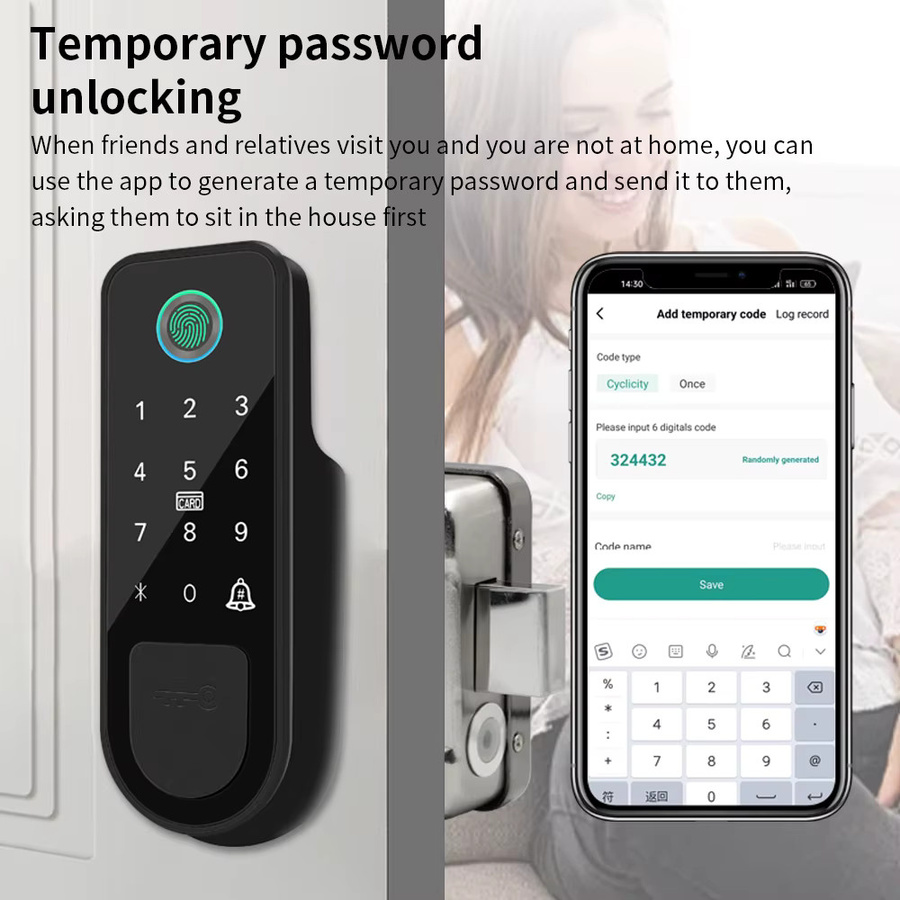 LUCKING DOOR Fingerabdruck-Haustürschloss in Schwarz mit Tuya App-Unterstützung, Bluetooth und IC-Karten-Gateway-Entsperrung für schlüssellosen Zugang - Bild 4