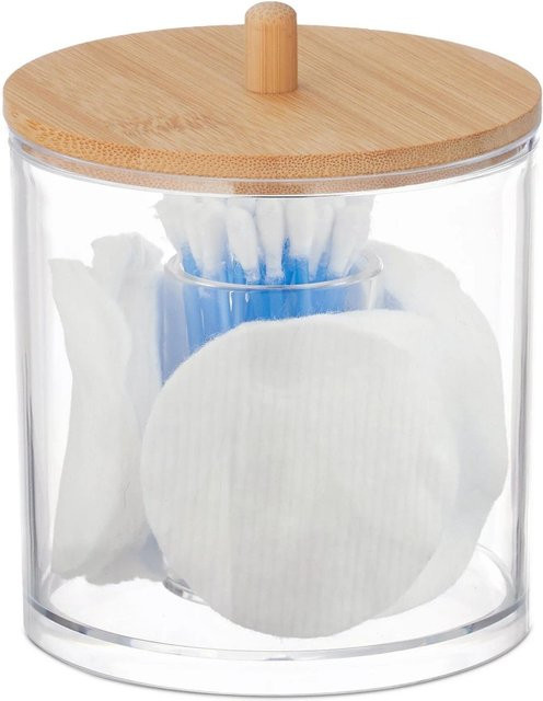 Relaxdays Behälter für Wattepads und Wattestäbchen aus Kunststoff und Bambus, Transparent, B: 11 cm, H: 10 cm - Bild 1