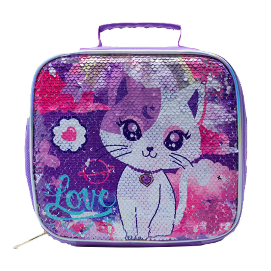 BLING BABIES Kinder-Tragetasche für Lunchboxen mit lila Katzen-Pailletten-Design, B/H/T: 24,0 x 22,0 x 2,0 cm - Bild 3