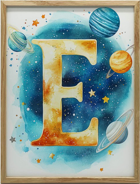 Dekoratives Poster Kosmischer Buchstabe E von Marcin Zbijowski mit Holzrahmen, Breite: 30 cm, Höhe: 40 cm - Bild 1