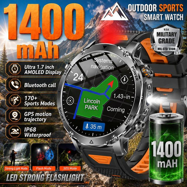 GUHUAVMI Smartwatch für Herren in Schwarz mit 1,7 Zoll AMOLED-Display, GPS-Bewegungsverfolgung, Bluetooth-Anruffunktion und IP68 wasserfestem Gehäuse - Bild 1