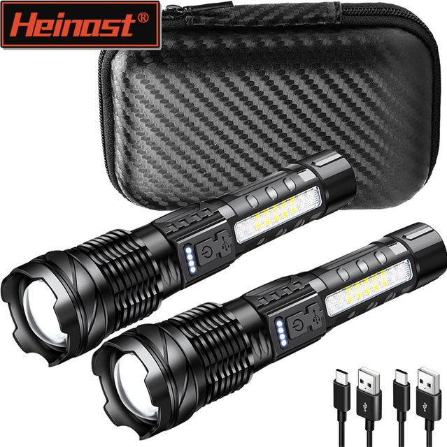 Heinast LED-COB-Taschenlampe mit Clip, superhelle wiederaufladbare Arbeitstaschenlampe mit Teleskop-Zoom in Schwarz - Bild 1