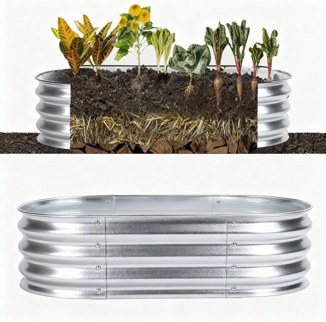 Land Guard erhöhtes Gartenbeet aus verzinktem Metall, ovales Pflanzkasten-Set in Silber für Gemüse, Kräuter und Blumen - Bild 1