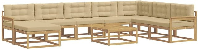vidaXL Outdoor-Sofagarnitur aus massivem Akazienholz in L-Form, 9-teiliges Set in Weiß und Beige mit Polsterkissen - Bild 1