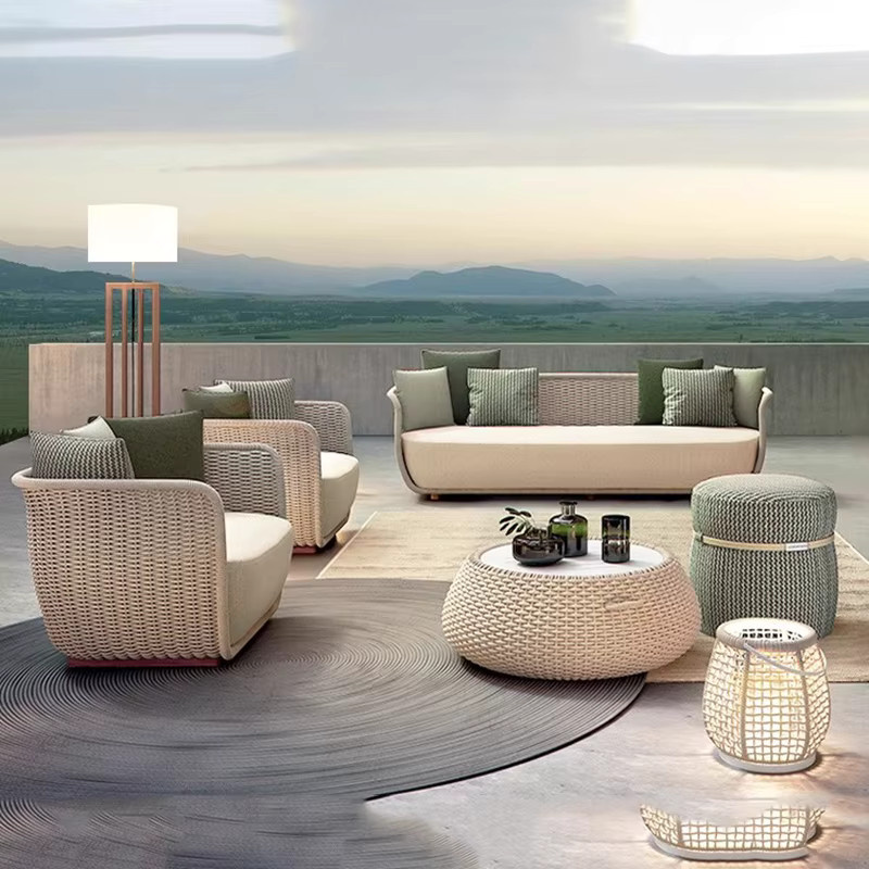 Modernes Outdoor Sofa Set von DUTRIEUX aus Polyrattan in Beige mit Polsterung und Kissen - Bild 4