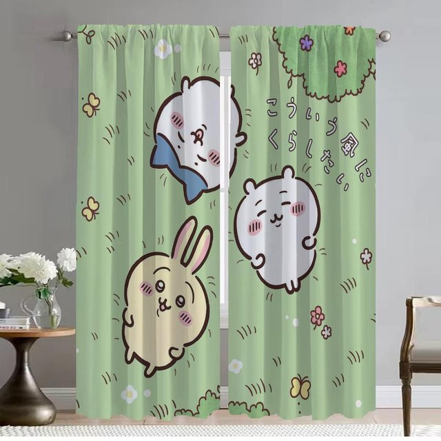 Chiikawa Fenstervorhang aus Tüll für Kinderzimmer und Schlafzimmer, 2 Paneele, Grün, B: 50 cm, H: 70 cm - Bild 1