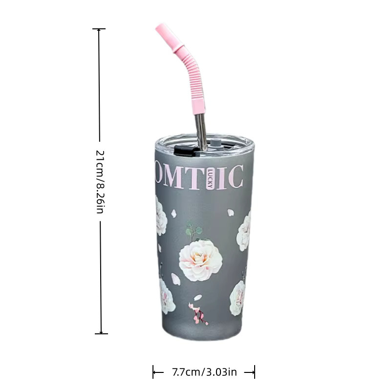 VRIUKNT Isolierflasche aus Edelstahl mit Blumenmuster, 520 ml, pink und grau mit Strohhalm - Bild 2