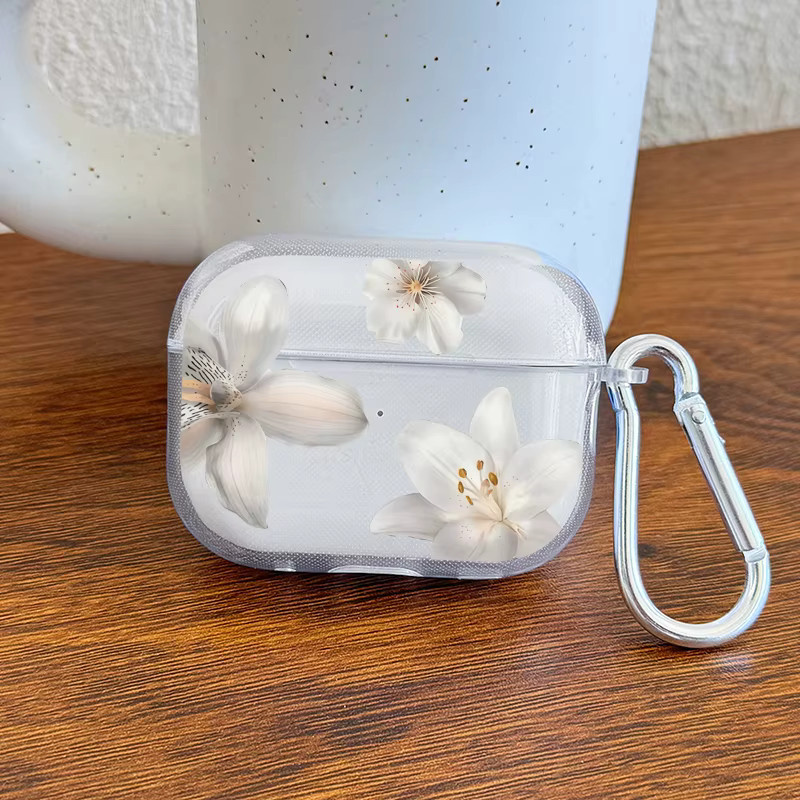 Stoßfeste Kopfhörerhülle mit weißem Lilien-Blumenmuster für Apple AirPods Pro 3/2/1 und AirPods 4/3/2/1 in Transparent/Weiß - Bild 2