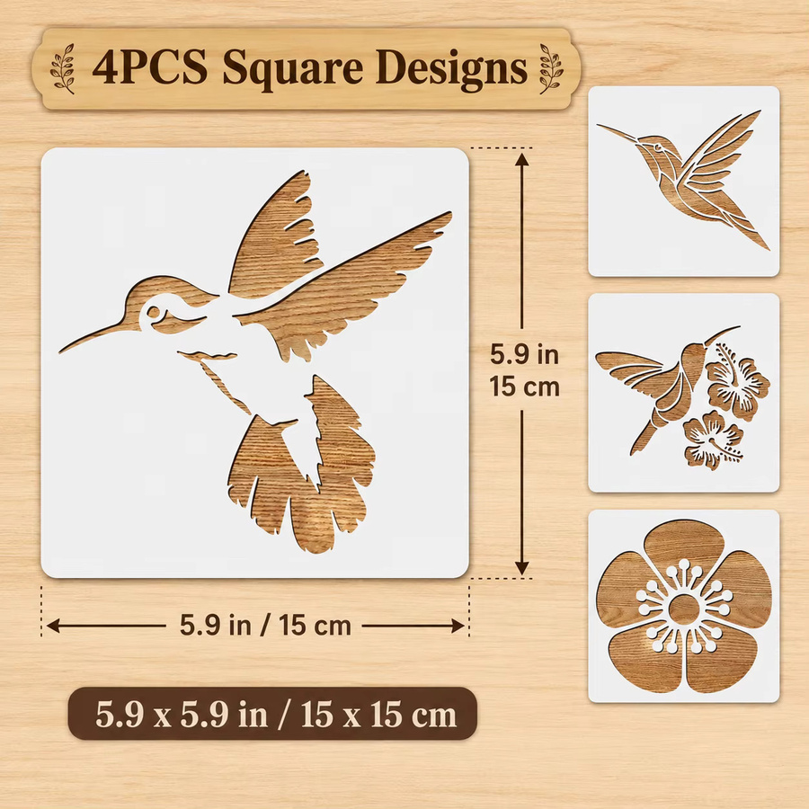 4 Stück Kolibri-Blumen-Schablonen in Weiß, wiederverwendbare Vogel- und Blumenmalvorlagen für DIY-Wanddekoration auf Leinwand und Stoff, B/H: 12,95 x 12,95 cm - Bild 2