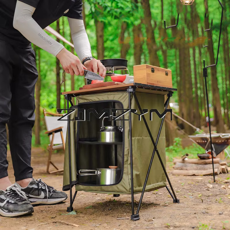 ZJMZYM Outdoor-Campingtisch in Grün mit doppellagiger Ablage und Stauraum, faltbarer Grill- und Kochtisch aus Metall und Holz für Picknick und Wandern - Bild 2