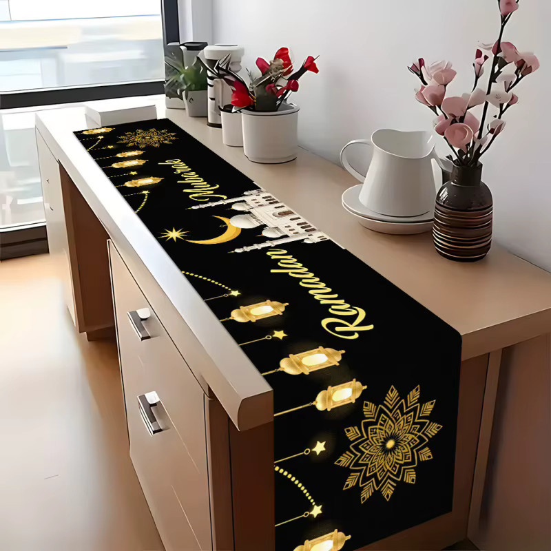VIKAMA Tischläufer Ramadan in Schwarz-Gold mit Heißprägung, orientalisches Design aus Leinen, B/H: 90 x 33 cm - Bild 2