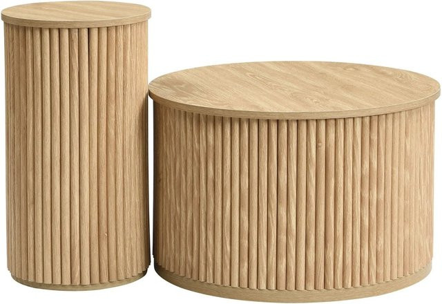 okwish Couchtisch mit Naturholzlatten in Braun, runder Beistelltisch mit Nestdesign und Streifenmuster, B/T/H: 60 x 60 x 38,5 cm - Bild 1