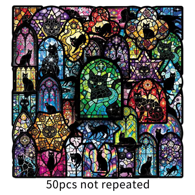 50 Stück Buntglas- und schwarze Katzenaufkleber im Cartoon-Stil von LanLanStickersWorld, Multicolor - Bild 7