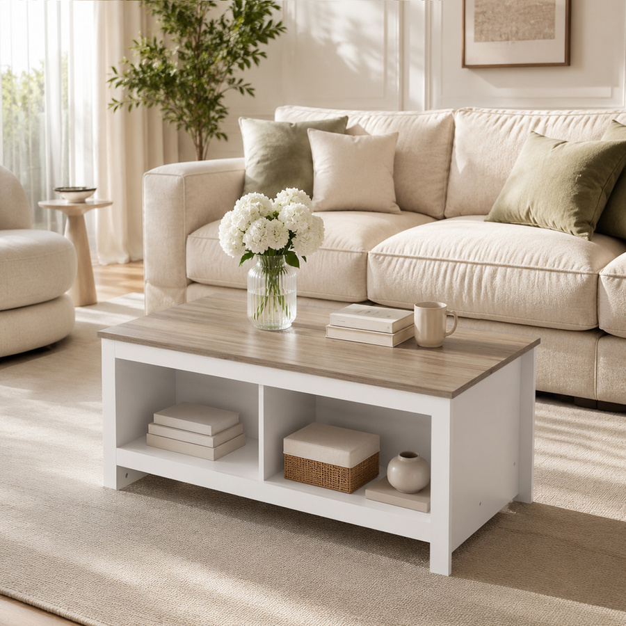 HOMCOM Rechteckiger Couchtisch in Eiche und Weiß mit 4 offenen Fächern, B/T/H: 110 x 55 x 45,5 cm - Bild 2