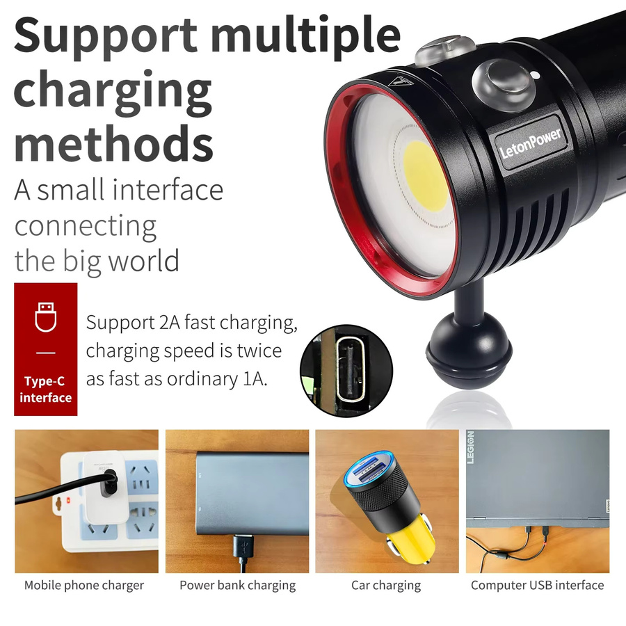 LetonPower LED Unterwasser Taschenlampe mit 22800 Lumen und 6 x XHP70, Wasserdichte Taktische Lampe in Schwarz für Fotografie und Video-Beleuchtung - Bild 2