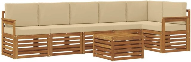 vidaXL Sofagarnitur 7-teilig aus Akazie Massivholz in Natur und Beige mit L-Form und Polstern - Bild 1