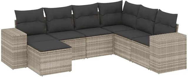 vidaXL 7-teilige Garten-Sofagarnitur in L-Form mit Kissen, Hellgrau, Poly Rattan und Metallrahmen - Bild 1