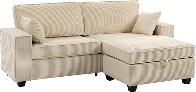 HOMCOM Ecksofa 3-Sitzer in L-Form mit Stauraum-Ottomane und 2 Kissen, Beige, Cord-Optik, Breite: 216 cm - Bild 1