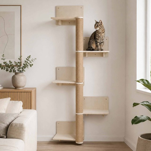 MCW Kletterwand MCW-Q58 Katzenwand mit 5 Stufen aus Holz in Natur - Bild 1