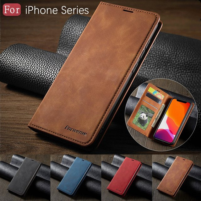 AIERHEBA Leder Magnetische Flip Case Brieftasche mit Kartenfach für iPhone 11 bis iPhone 17 Pro Max in Blau und Braun - Bild 1