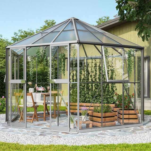 Vitavia Gewächshaus Pi 9000 in Silber mit Aluminiumrahmen, Doppel-Schiebetür und Faltdach aus Polycarbonat und ESG-Glas - Bild 1