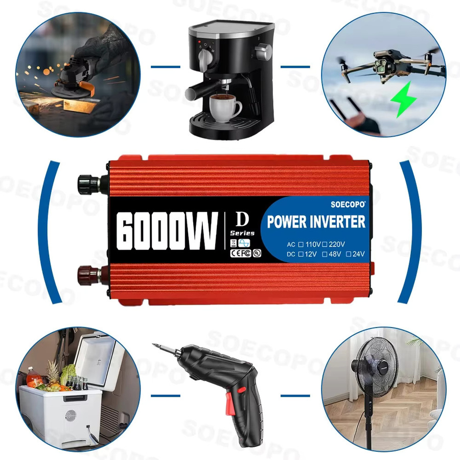 Soecopo Ultra 6000 W Smart Inverter Universal Wechselrichter in Rot, 12 V/24 V/48 V Eingang für 110 V/220 V Ausgang, tragbar für Wohnmobile und LKWs - Bild 5